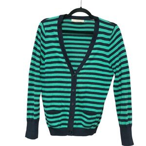 Ann Taylor LOFT Striped Cardigan Green Navy Blue Petite Cotton Modal Sweater